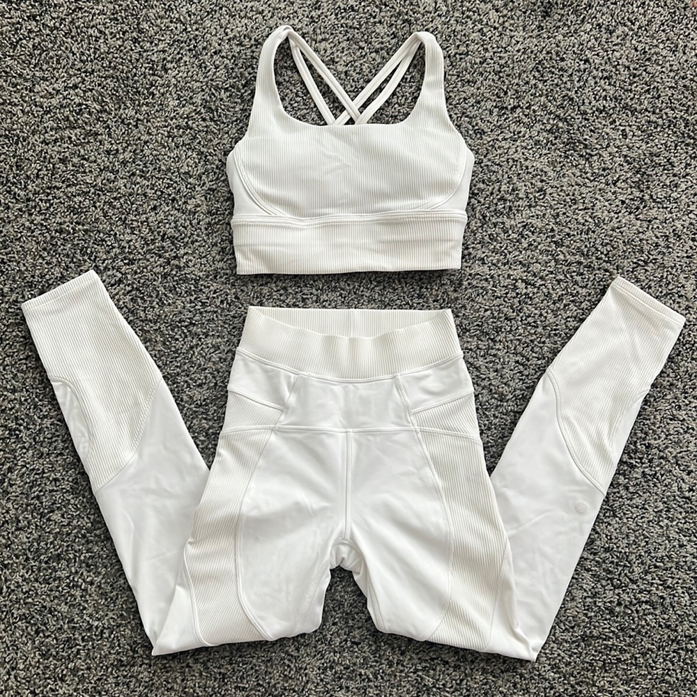 Lululemon Ribbed White Energy Longline Sports Bra Legging Workout Yoga Set 2
